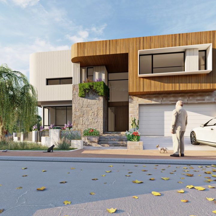 Architectural design rendering of curbside view of double storey modern home showcasing contemporary shape and materials