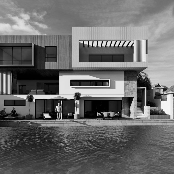 Black and white architect's rendition of private residence renovation project on canal