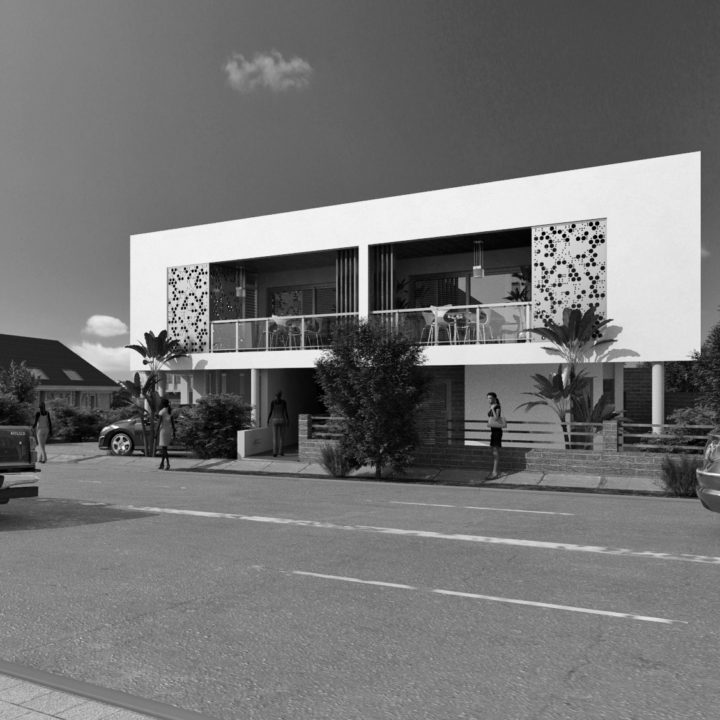 Black and white architectural rendering of front of new apartment block with a contemporary facade