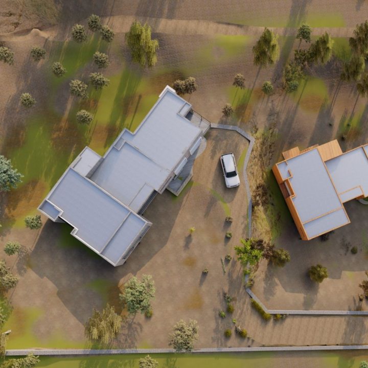 Aerial view of split level home on sloping ground using sustainable home design features