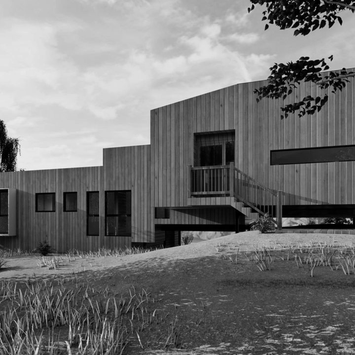 Black and white architectural rendering of split level home design featuring external wood paneling