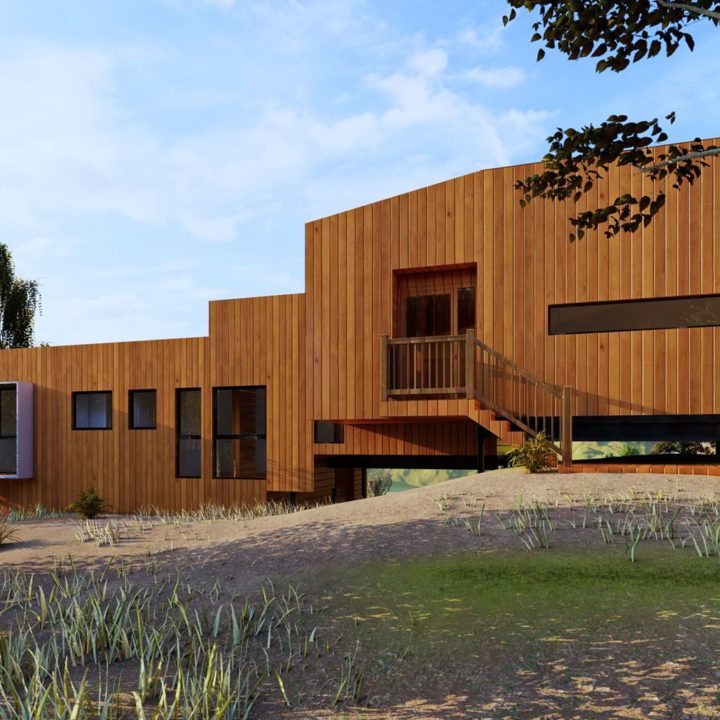architectural rendering of split level home design featuring external wood paneling