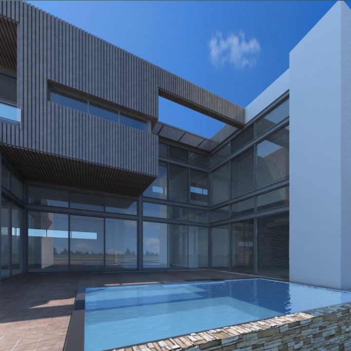 Rear facade of modern new double storey home design featuring courtyard pool and feature windows