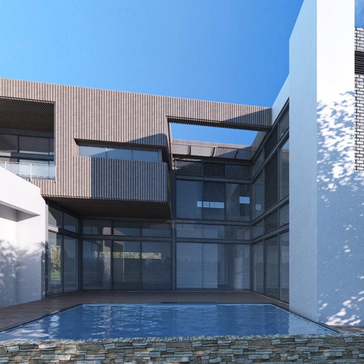 Rear facade of modern new double storey home design featuring courtyard pool and feature windows