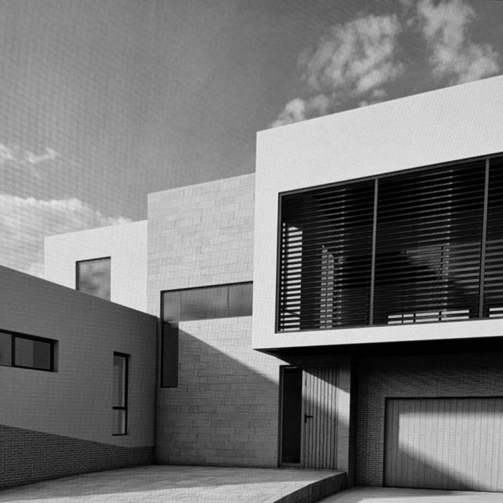Black and white architectural rendering of a contemporary home remodeling