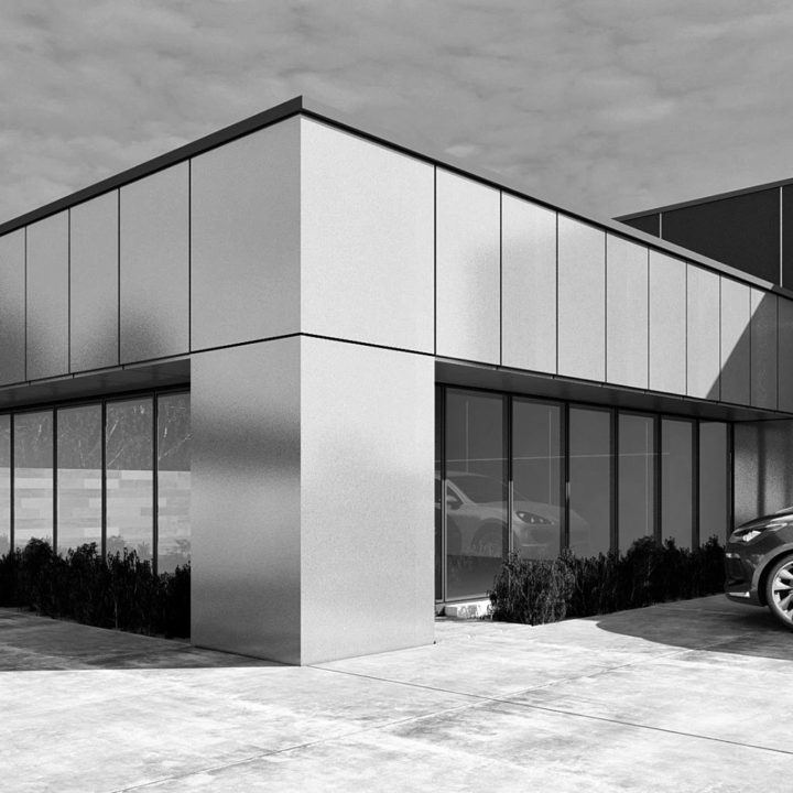 Black and white architectural rendering of new light industrial offices