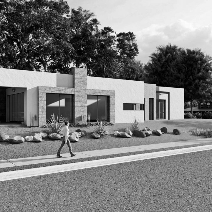 Black and white architectural rendition of a modern single story home residence