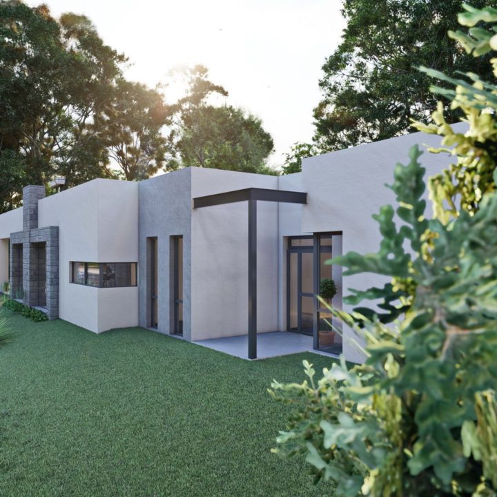 architectural rendition of a modern single story home residence showcasing minimalist contemporary facade with brick feature