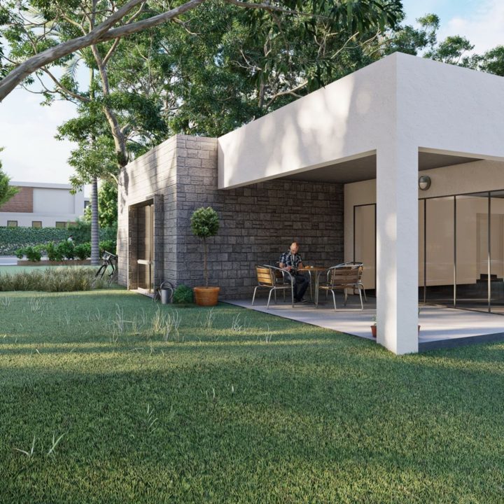 architectural rendition of a modern single story home residence showcasing undercover outdoor area